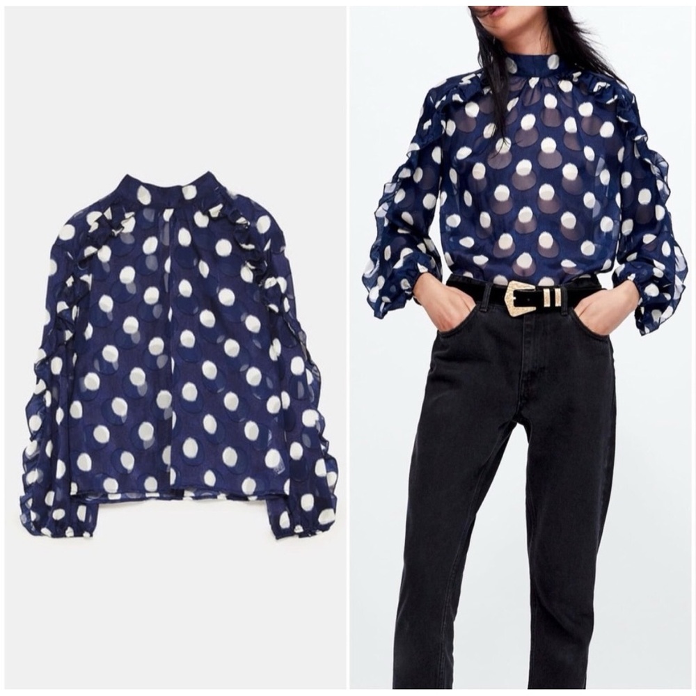 ZARA Navy Polka Dot Blouse